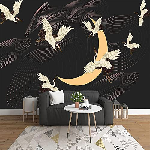 Yimesoy Carta Da Parati Personalizzata Stile Cinese 3D Paesaggio Dorato Gru Linee Astratte Fotomurale Soggiorno Tv Studio Sala Da Pranzo 200Cm(W)×140Cm(H)