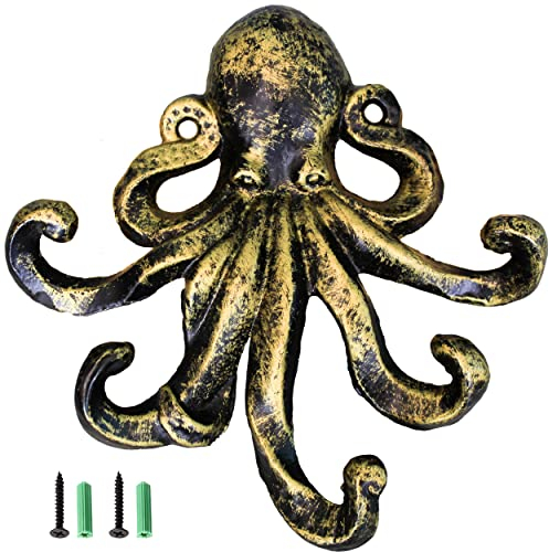 JJ PRIME - Octopus Key Holder for Wall | Animal Decor Key Hooks for Wall | Key Hooks Wall Mounted | Octopus Ornament Key Hook for Entryway, Hallway, Office (Gold)