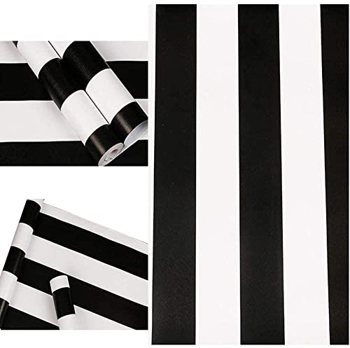 PoetryHome Self Adhesive Vinyl White Black Stripe Peel and Stick Wallpaper Shelf Liner Paper for Walls Furniture Cabinets Bedroom Kitchen Bathroom Decal Removable Waterproof (17.7x393 Inches)