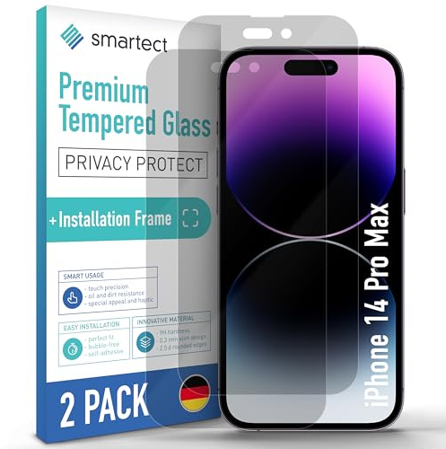 smartect Schutzglas 2 Stück Privacy für iPhone 14 Pro Max | inkl. Positionierhilfe, Panzerfolie Sichtschutz, Displayschutz Anti-Kratzer, 9H Härte, Anti-Spy, Stoßfest, Blasenfrei