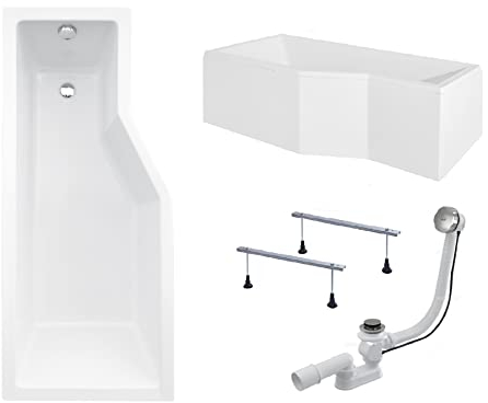 BADLAND Badewanne Original Weiß Acryl Wanne Eckbadewanne INTEGRA 170x75 Links KOMPLETTSET SET mit Weiß Acrylschürze + Füßen und Exklusive Chrom Automatik Ablaufgarnitur Made in EU 4in1