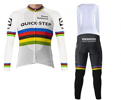 SGCIKER 2022 Team Quick Step Julian Championship Winter-Thermo-Fleece-Radtrikot-Set, Langarm-Wärmer für Herren, Fahrradhemd, MTB-Fahrradbekleidung, Trägerhose, 9D-Gelpolster (4XL)