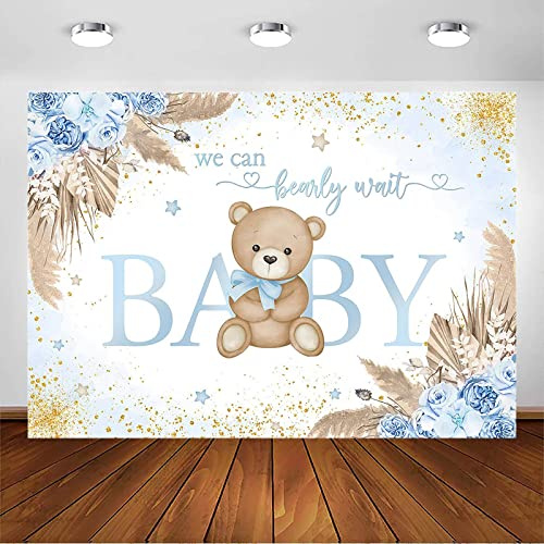 Avezano Toile de Fond bohème pour fête prénatale garçon We Can Bearly Wait Bohème Herbe de la Pampa Bleu Floral Fête prénatale Photographie Décorations (2,1 x 1,5 m)