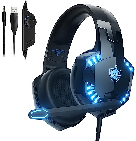 PHOINIKAS Gaming Headset für PS4/PS5/PC/Xbox One/Switch, Mikrofon mit Geräuschunterdrückung, LED-Leuchten, 50MM Ohrenschützer, Über-Ohr-Kopfhörer mit 3.5mm Kabel