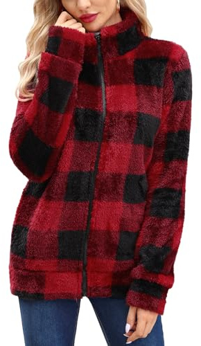 BesserBay Chaqueta polar para mujer al aire libre, cálida, estilo teddy, de manga larga, con cremallera completa, con cuadros rojo y negro, talla L