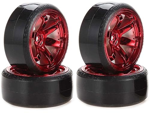 KINGCOO RC Drift Auto Rad und Reifen, 4PCS 63mm Harte Reifen Kunststoff Felgen für 1/10 On-Road Racing Driften Auto Ersatzteile für HSP Tamiya HPI Kyosho (Rot)