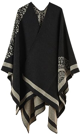 ORANDESIGNE Damen Poncho Schal Cashmere Feeling Strick Cape Cardigan Gestrickt übergroßer Decke Kap-Schal Ethnischer Druck Deckenstoffschaln Herbst Winter Für Frauen Mutter Geschenk F Khaki