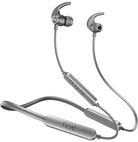 boAt Rockerz 255 Pro +, batterie 60 heures, charge rapide, IPX7, double appariement, faible latence, écouteurs magnétiques, tour de cou Bluetooth intra-auriculaire, sans fil avec micro (gris cosmique)