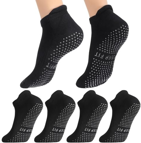Radsocken 4 Pairs Non Slip Yoga Socks Pilates Socks Women,Anti Slip Grip Sock for Yoga Ballet Pilates Barre Workout,Size 4-7(Black)