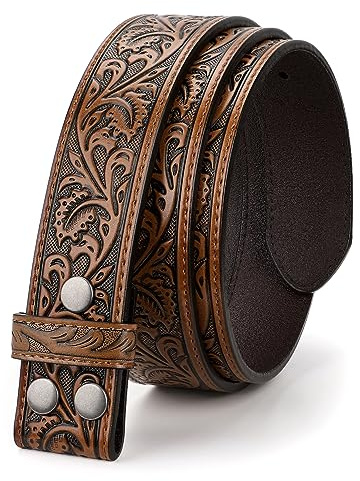 LEACOOLKEY Western Belt Strap for Men without Buckle 1.5 Wide Floral Engraved Embossed Leather Belt Strap