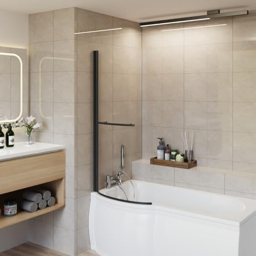Aquariss Curved Toughened Safety Glass Pivot Bath Screen Panel for P-Shaped Bath Black with Towel Rail 1400x715mm