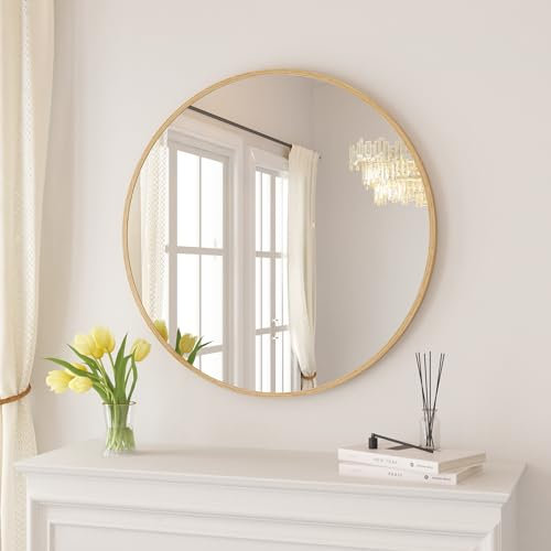BD-Baode Rund Wandspiegel 60 cm Spiegel Runder mit Holzmaserung Rahmen Dekorativer HD Wandspiegel für Badezimmer, Schlafzimmer, Schminktisch, Wohnzimmer, Eingangshalle