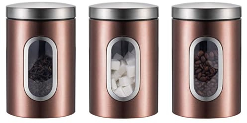 kiss me 3 Pcs Kitchen Canister Set, Stainless Steel Food Storage Jar With Visable Window Coffee Tea Sugar Caddy Container For Home, Kitchen, Counter (Bronzing)