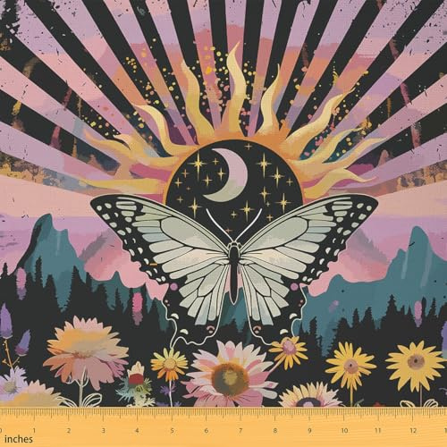 Erosebridal Sun Moon Stars Decorative Indoor Outdoor Fabric,Butterfly Upholstery,Girls Flower Jungle Fabric by The Yard,Watercolor Graffiti,Bohemian Style Material by The Yard,1 Yard