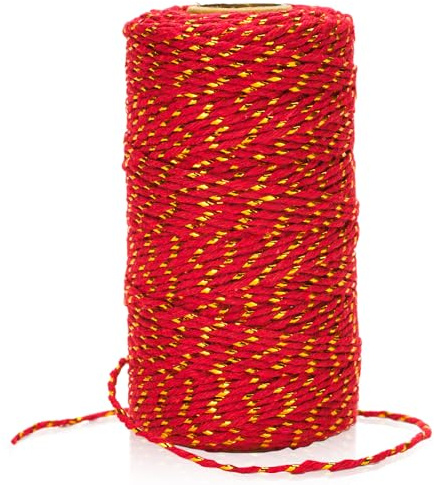 KINGLAKE Cordón de algodón rojo con cordón dorado, 100 m de hilo de algodón natural, 2 mm, perfecto para manualidades, manualidades, jardinería, color rojo