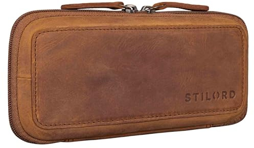 STILORD 'Scotty' Leder Etui Vintage mit Reißverschluss Hardcase Große Federmappe Herren Federmäppchen Damen Stifte-mappe Office Pencil Case Retro Federschachtel Echtleder, Farbe:tan - Dunkelbraun