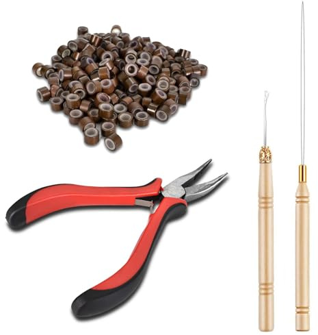Colexy 4 in 1 Haarverlängerung Werkzeug, Extensions Set mit 200 Stück Microringe, 1 Stück Zange, 2 Stück Häkeln, Silikon Nanoringe Werkzeug für Perücke Lametta Haar (Hellbraun)
