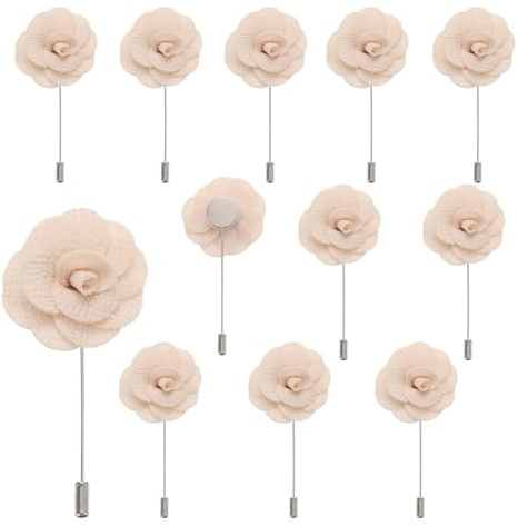 QUARKZMAN 12 Stück Beige Camellia Ansteckblumen Knopflöcher Taschenanstecker Pins für Hochzeitszeremonie Jubiläum Abschlussball Formelles Abendessen Party