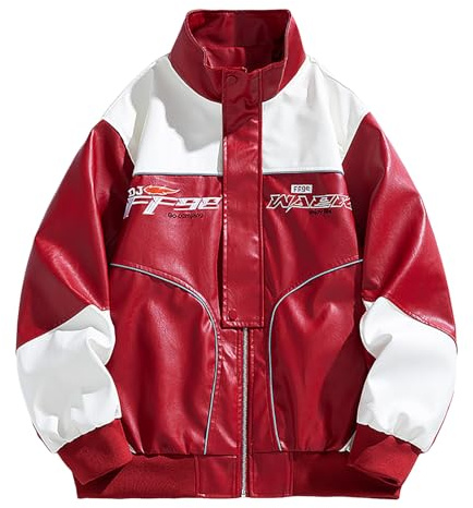 Caxndycing Giacca bomber da uomo College Oversized Patchwork Giacche Stampate Vintage 90S Racing Zip Manica Lunga Sweat Jacket Vintage Letter Racer Varsity Giacca da baseball, Colore: rosso, M