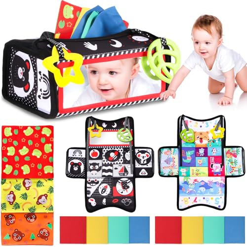 YUWJOOWEE Baby Spiegel Spielzeug, Tissue Box Montessori mit Bunten Seidentüchern & Beißring, Faltbarer Baby Bauchlage Spielzeug, Montessori Spielzeug ab 6 Monate