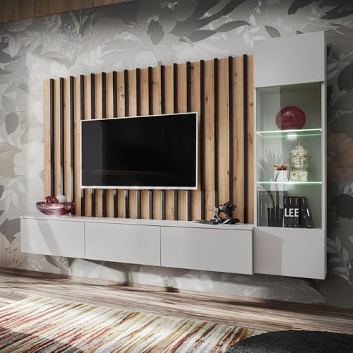 Lomadox Wohnwand Anbauwand Schrankwand 220cm, grau mit Eiche, Vitrine, Wandpaneel mit Lamellen, Lowboard, LED Beleuchtung
