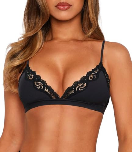 Navneet BH Damen Ohne Bügel Bralette Spitze Bügelloser BH Unterwäsche Bustier Triangel Bequem Soft BHS Schwarz Triangel S