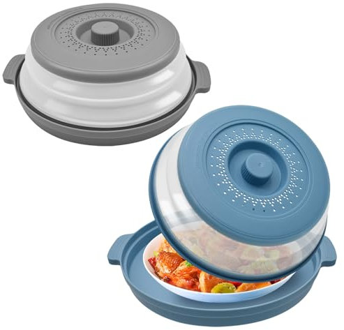 Yiomxhi 2 Pezzi Coperchio per Microonde Pieghevole con Vassoio, 2 in 1 Copertura Piatto Microonde Antischizzi, Campana Microonde Scolapasta Cucina per Verdure Frutta, Grigio & Blu