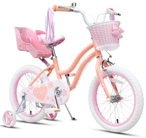 Glerc Petals 12 14 16 Zoll Kinderfahrrad Prinzessinnen-Stil für 2-8 Jahre alte Mädchen, mit Lenkerquasten & Korb & Stützrädern,Rosa/Blau/Lila/Pfirsichfarben