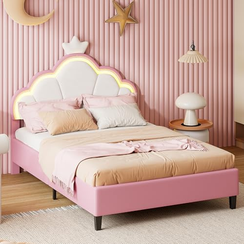 KSFASHZ Letto singolo 90 x 200 cm, letto per bambini rosa per ragazze, letti imbottiti in velluto con testiera a LED regolabile, telaio letto con piattaforma con rete a doghe