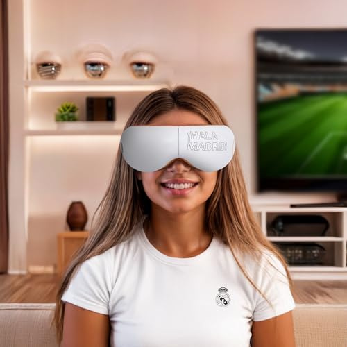 REAL MADRID® | RM INFINITY Gafas de masaje oficiales del REAL MADRID I Masajeador de ojos y cara plegable con vibromasaje I Presoterapia I Calor I Altavoces integrados I Himnos oficiales Real Madrid