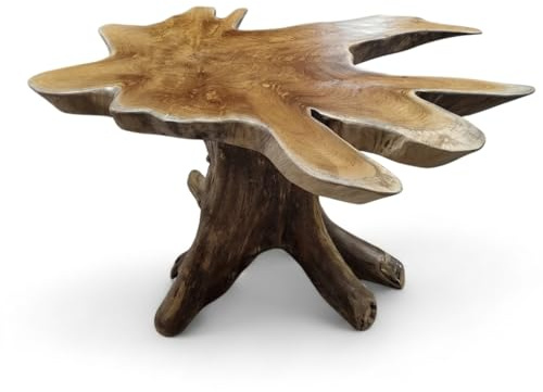 Kinaree Couchtisch mit Baumscheibe ALOR Setar - 80-90cm Beistelltisch aus massivem Teak in rustikaler Optik, die Tischplatte wurde aus einem Teak-Baum Querschnitt gefertigt (50x80-90cm)
