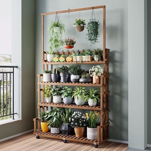 GUAWJRZDP 4-tier Plant Stand, Indoor Plant Stands, Wood Hanging Plants Holder, Tall Large Rack for Multiple Flower Planter Holder, Plant Rack with Wheels for Garden Balcony Patio(L72cm/28.3'')