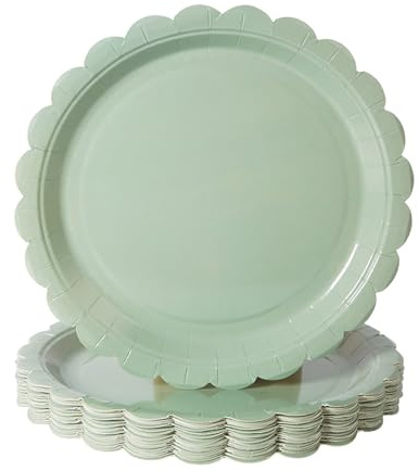 BEFORYOU 50PCS Scalloped Disposable Paper Plates Dessert Cake Party Plates for Baby Shower, Wedding,Bridal Shower Birthday Party Supplies (Sage-Green, 9IN)