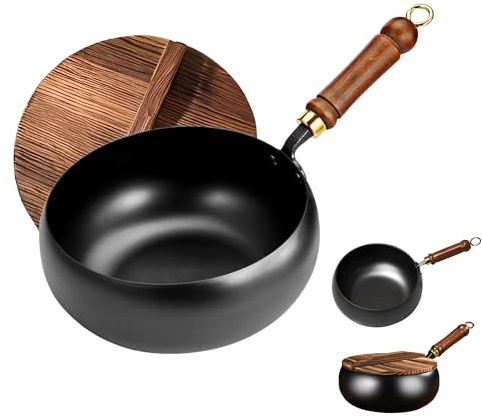 MACTANO Uncoated Iron Pan, Nonstick Wok Hand Forged Iron Pan with Lid Stir Fry Wok Skillet for Cooking - 9.44IN