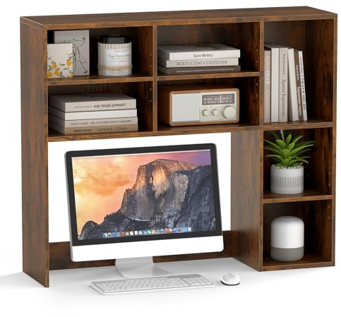 COSTWAY Wooden Desktop Bookshelf, Countertop Bookcase with 3 Adjustable Shelves and Open Compartment, Free Style Multipurpose Desk Storage Organizer Display Shelf Rack (Rustic Brown)