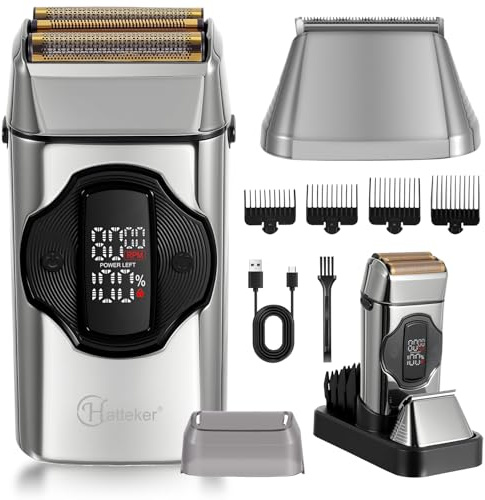Hatteker Rasoir Électrique 2 en 1 Homme, Rasoir à lame & Tondeuse, Tête magnétique, Tête amovible, 3 Vitesses, Étanche IPX7, Rasage Humide/sèche, Grand Écran LED, Charge USB Type-C & Base (Argent)