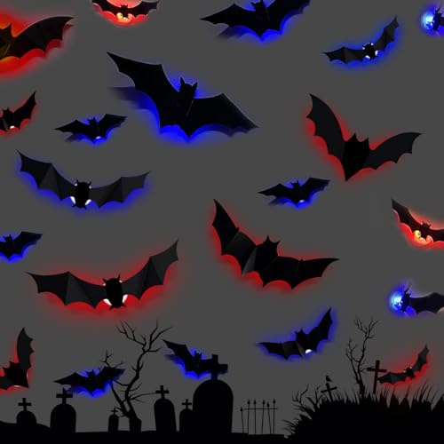 24 Pièces LED Chauve Souris Halloween Decoration, Chauve Souris 3D LED, Lumineux 3D Murales Autocollant, pour Intérieur Extérieur, Fenêtre, Mur, Porte, Fête Déco Accessoires de Soirée