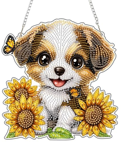 NEWENMO 5D Hündchen Diamond Painting Anhänger Fensterbilder Diamond Art | Sonnenblumen Diamond Painting Anhänger Set,DIY Crystal Art Kit mit Kette,Hängendes Diamant Ornament für Fenster & Garten