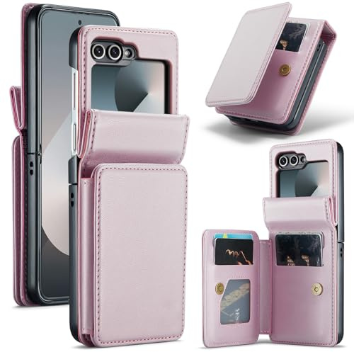 Phone Case for Samsung Galaxy Z Flip 6 5G/Z Flip7 FE Wallet Cell Accessories Cover with RFID Blocking Flip Credit Card Holder Slot Stand Faux Leather ZFlip6 Z6 G Flip6 ZFlip 6Z 7FE Women Men Rose Gold