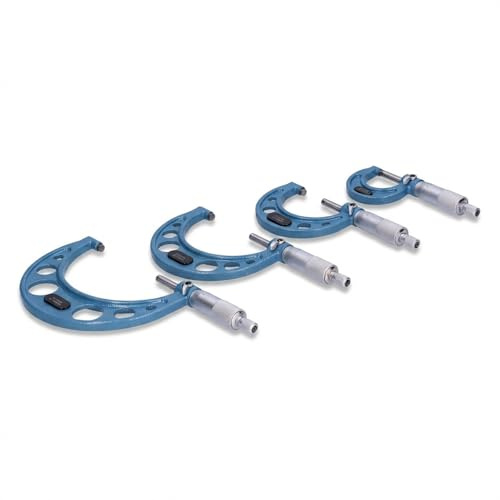 Micrómetros exteriores métricos 0-25/50/75/100 mm, set 4 piezas de alta precisión - medición exacta hasta 0,01 mm, con estuche madera portátil para taller y coche