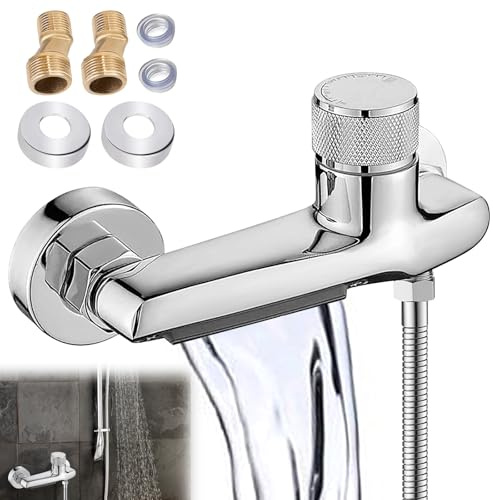 Robinet de Baignoire Cascade avec Mitigeur Thermostatique, Robinet Baignoire en Laiton Chromé, Mitigeur Bain Douche 2 Sorties avec Bouton de Sécurité, Robinetterie Salle de Bain Murale