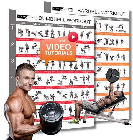 CLEAN SPORTS® Hanteltraining Poster Bundle DIN A1 – Kurzhantel & Langhantel Poster Set mit 72 Übungen & 24 Trainingsplänen – Muskelaufbau, Definition & Krafttraining – Inklusive Videoanleitungen