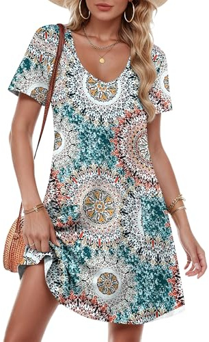 MOLERANI Ladies Summer Dresses Short Sleeve Beach Dresses V Neck Midi Dress with Pockets Print Green XL
