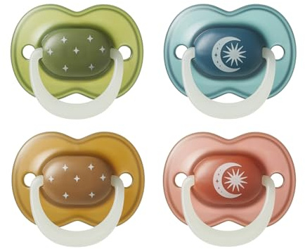 Tommee Tippee Ciuccio NightGlow, 18-36 mesi, confezione da 4, si illumina al buio, tettarella ortodontica, fori di aerazione aggiuntivi, in silicone privo di BPA, colori che richiamano il crepuscolo