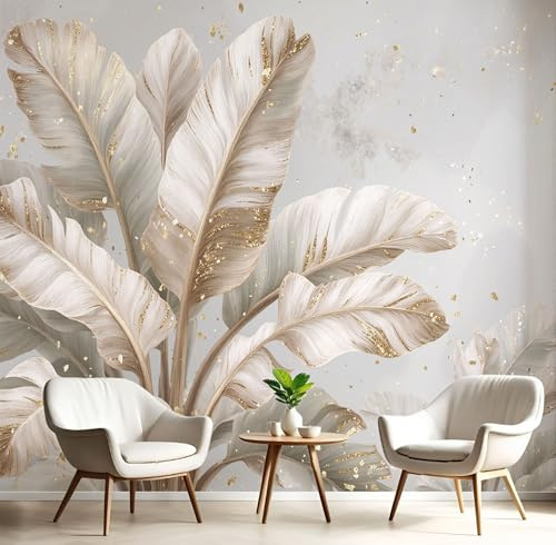 Papier Peint Panoramique Style Artistique Rétro 350x250cm - Tapisserie Panoramique Feuilles Abstraites Et Feuilles De Bananier Revêtement Murale Gris Décoration Murale pour Salon, Chambre, Bureau