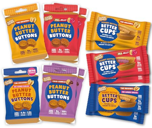 Superfoodio Peanut Butter Buttons & Cups, Plant Protein (Full Range - 12pk) | Plant-Based, Low Carb, Vegan, Gluten-Free, UK-Made, Recyclable. Buttons & Cups Mixed Box. Great For Gifting And Sharing.