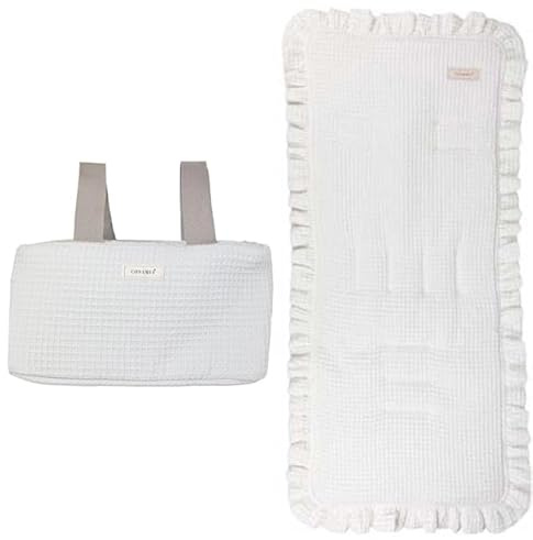 Colchoneta universal y bolso carrito bebé silla paseo - Colección a juego - Verano o entretiempo transpirable - bolso organizador carro bebé (Waffle blanco, Colchoneta + bolso organizador)