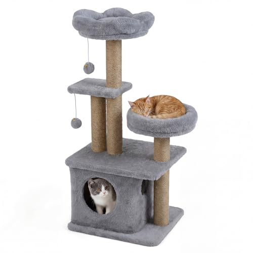 COSTWAY Kratzbaum, 96 cm, Katzenbaum mit Katzenhöhle, Plattform, Bett, großer Basis & 2 Bällen, Dicke Stämme aus Jute, Katzenkratzbaum Holz, Katzen Katzenmöbel, Kletterbaum Aktivitätsbaum (Grau)