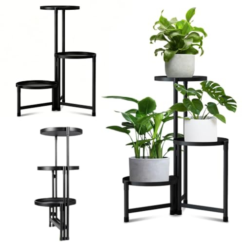 Soporte de metal para plantas de 3 niveles, estante para plantas, estante para flores, soporte estable para flores para interiores y exteriores, escalera de flores con bandeja, estantería de hierro
