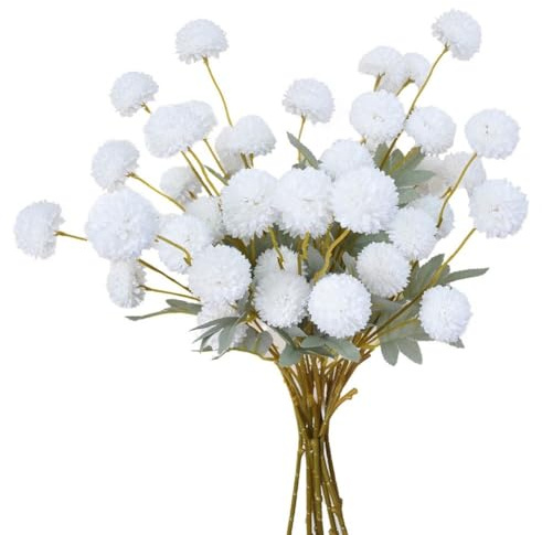 NEIQIUWING 10 unidades de flores artificiales de crisantemo, bolas realistas de seda de 5 cabezas, tallos de 51 cm de largo para bodas, oficina y decoración del hogar, color blanco